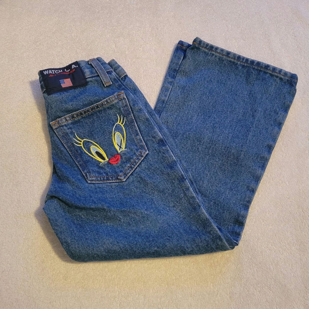 Watch L.A. Y2K Tweety Bird Blue Jeans Kids Pants size 7 Vintage Rare Looney Tune